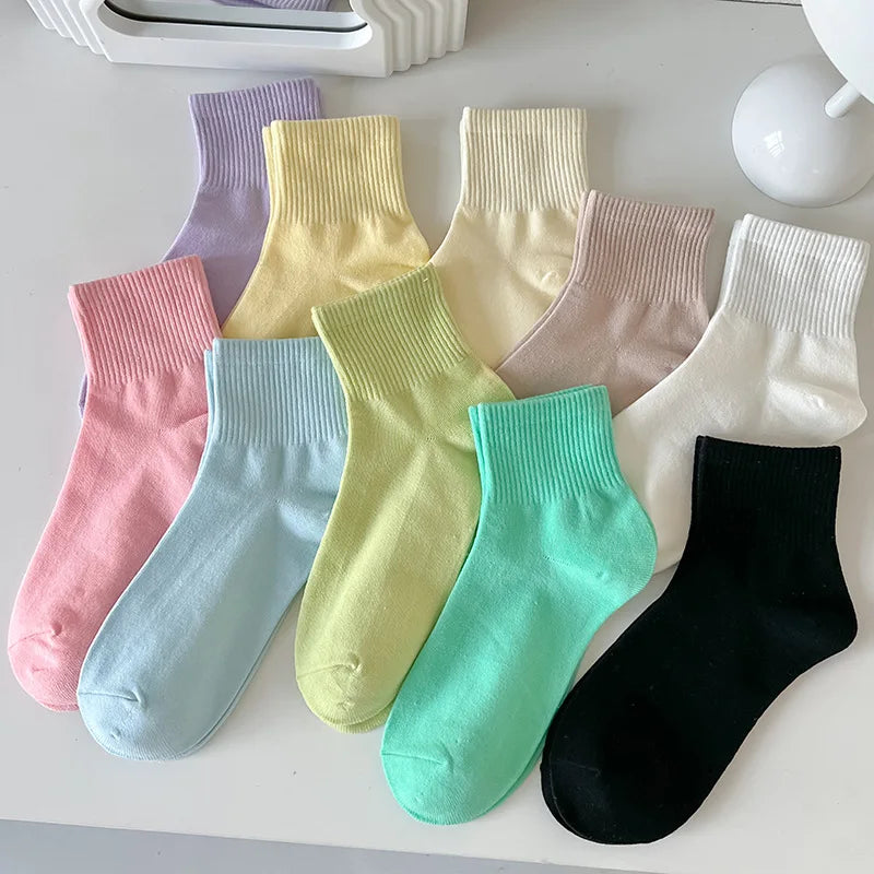 Women's Solid Color Mid-tube Socks Spring and Summer Thin Breathable Cotton Socks White Summer Candy Socks