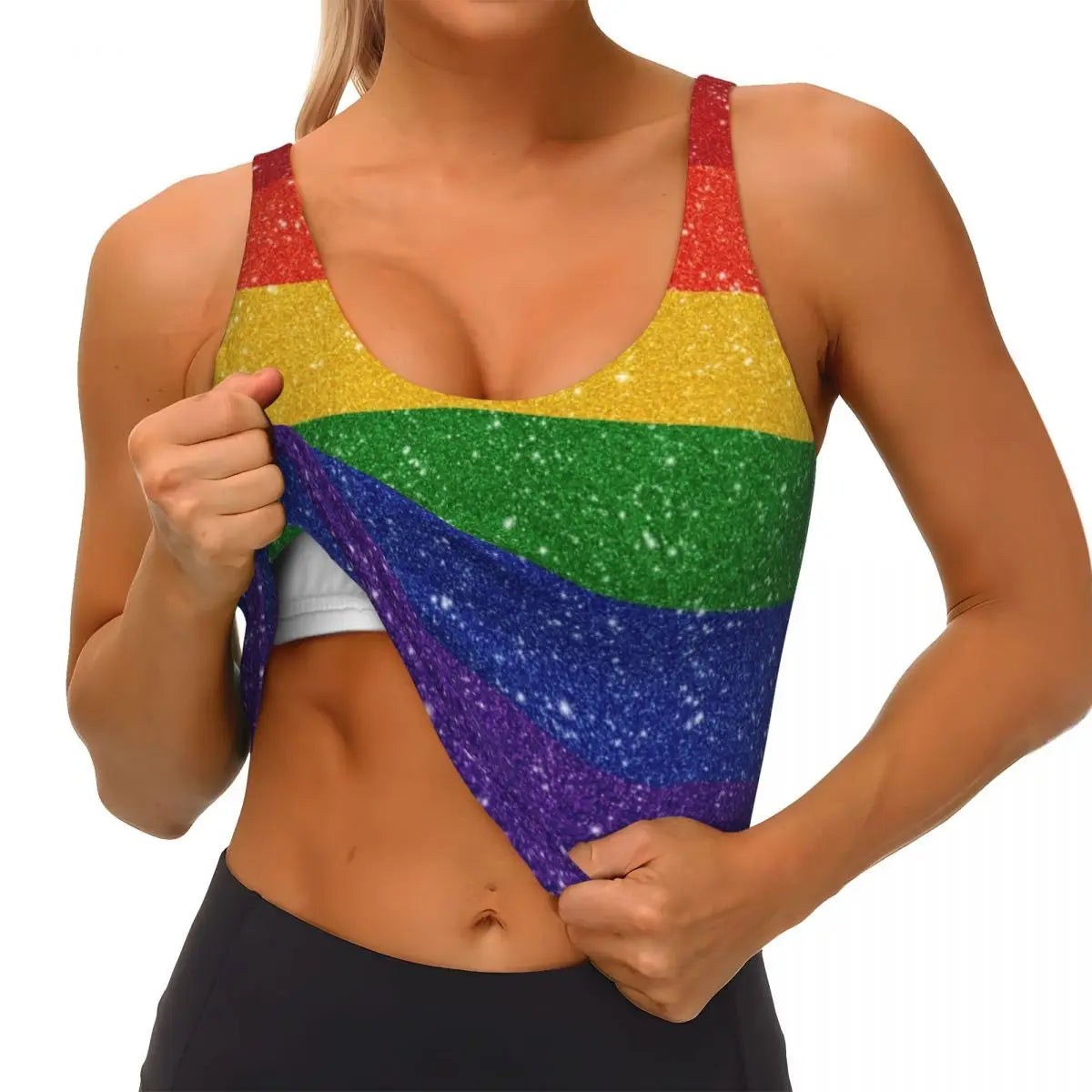 Custom Faux Glitter Rainbow Pride Flag Workout Crop Tank Tops Women's Seamless LGBT Gay Lesbian Yoga Running Sports Bras