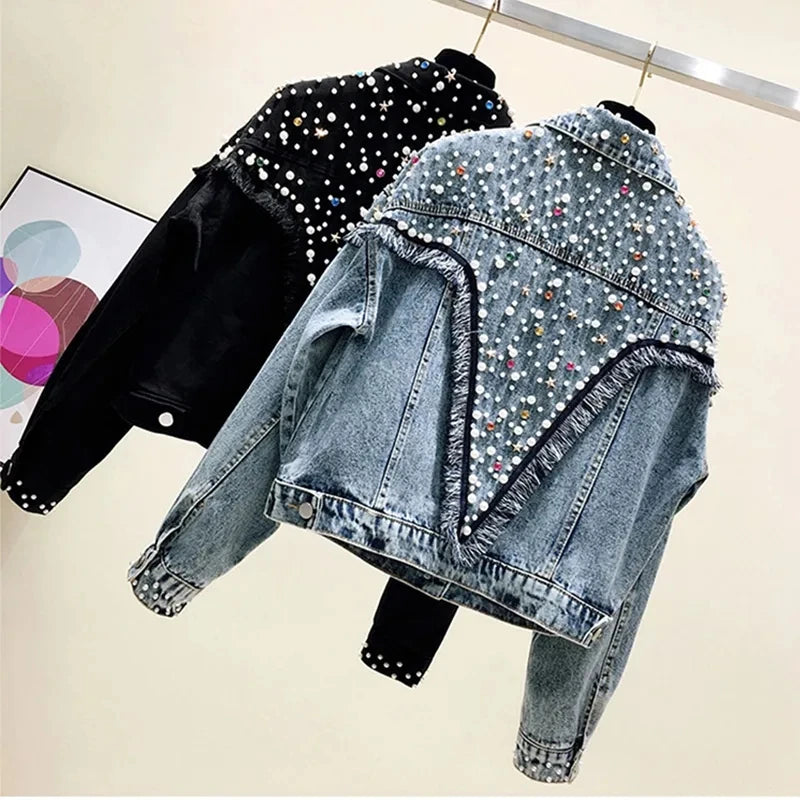 Fried Jeans Jackets Women's Outwear Fashion Loose Tassel Stitching Jacket Streetwear 2023 New Spring Autumn Beaded Cowboy Jacket