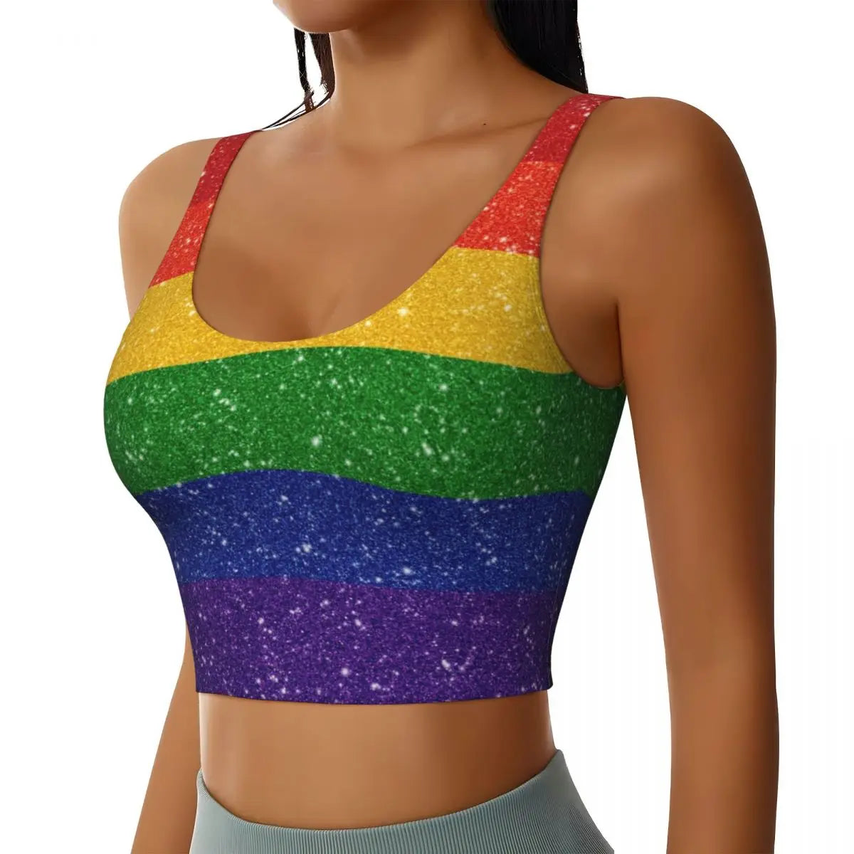 Custom Faux Glitter Rainbow Pride Flag Workout Crop Tank Tops Women's Seamless LGBT Gay Lesbian Yoga Running Sports Bras