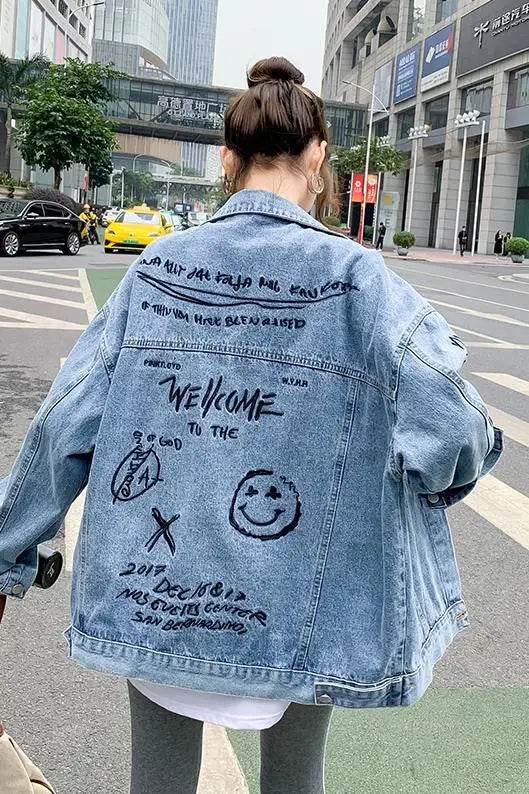 2024 Fashion Spring Female Graffiti Printing Harajuk Long Sleeve Loose Korean Jeans Jacket Pockets Single Breasted Solid A034