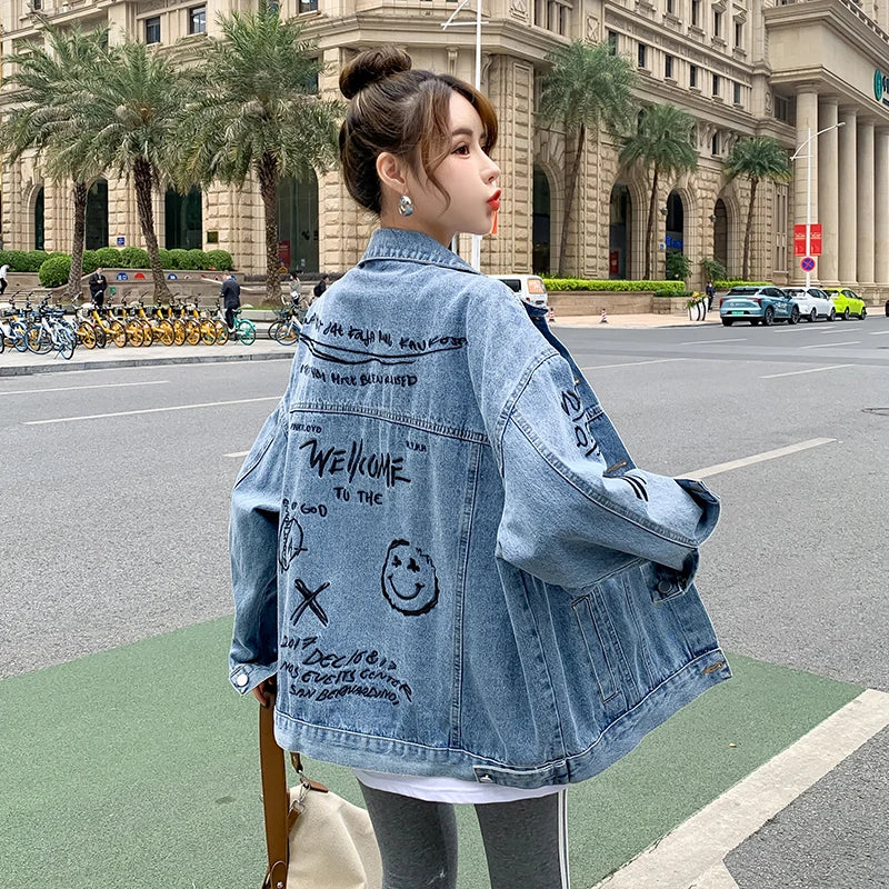 2024 Fashion Spring Female Graffiti Printing Harajuk Long Sleeve Loose Korean Jeans Jacket Pockets Single Breasted Solid A034