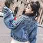 Patchwork Graphic Blue with Print Crop Woman Jean Coat Spring Autumn Short Outerwear Fringe Small Denim Jacket for Women Luxury