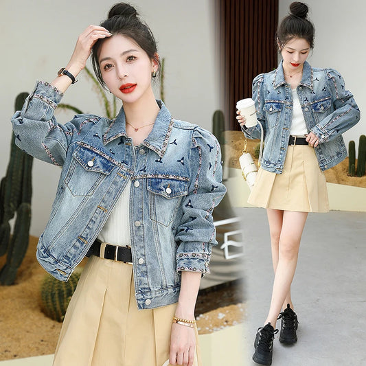 2023 Autumn Blue Flower Embroidery Denim Jacket Women Vintage Fashion Sweet Bubble Long Sleeve Jean Coat Ladies Outerwear Tops